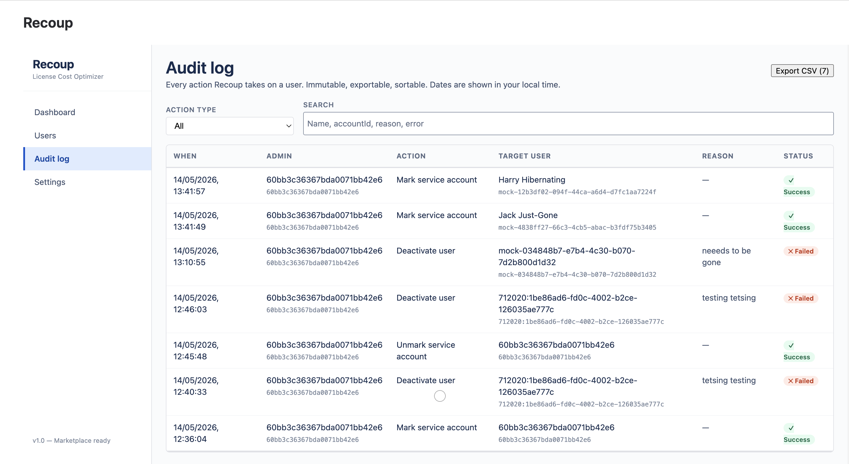 Recoup audit log with successful and failed actions, exportable as CSV